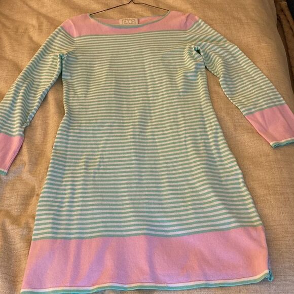 Sail To Sable Cotton Blend Knit Dress with Long Sleeves. Mint green/pink stripe. - Picture 5 of 8